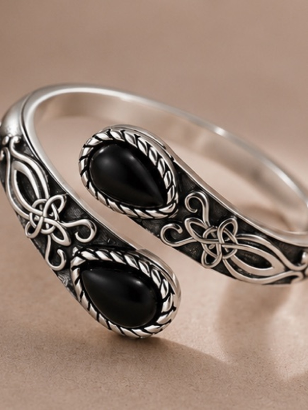 Black Onyx Celtic Adjustable Wrap Ring Silver